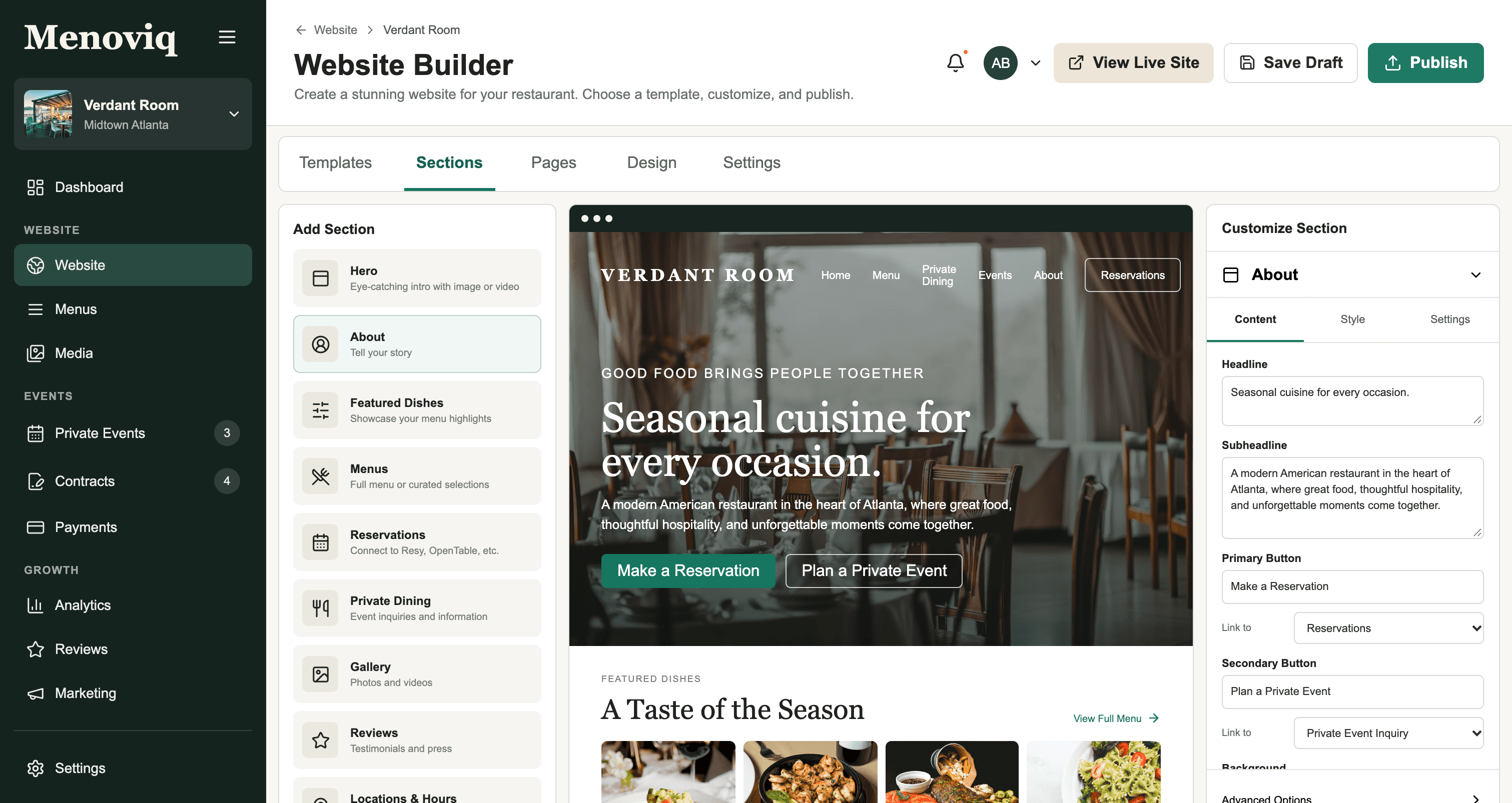 Menoviq Website Builder showing the section library, Verdant Room website preview, and customization inspector
