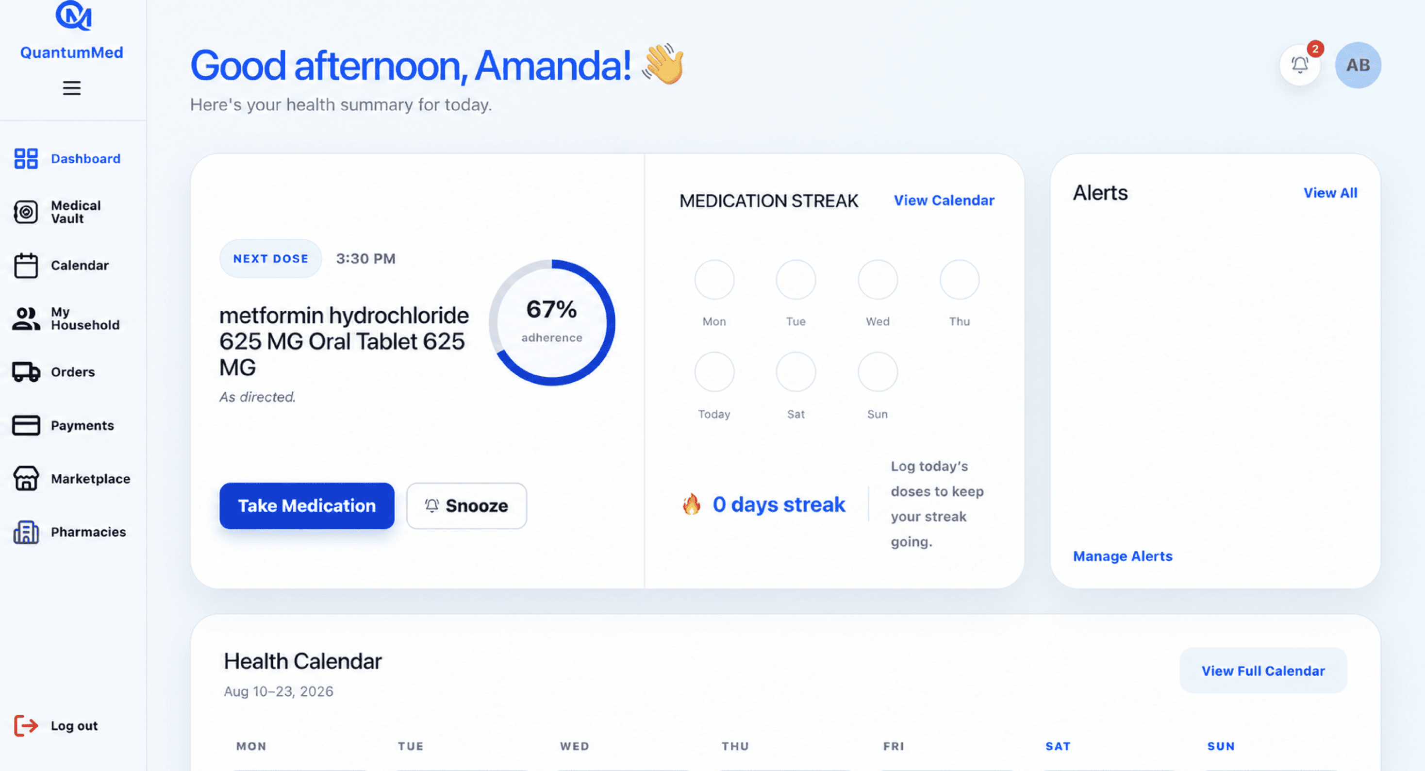 QuantumMed patient dashboard with medication schedule, adherence tracking, and health calendar