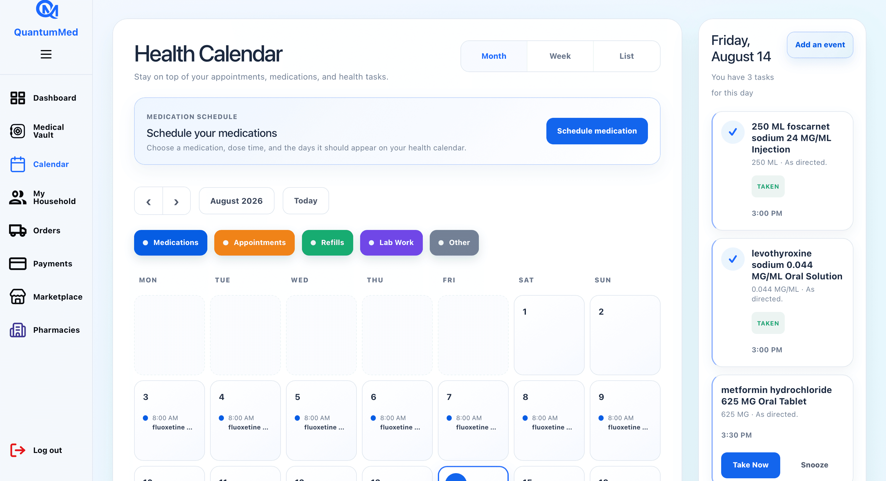 QuantumMed Health Calendar showing appointments, medication schedules, and health tasks